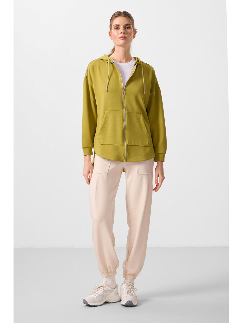 Sarı Koyu Hardal Yumuşak Dokulu Kapüşonlu Oversize Kadın Tunik Sweatshirt   97302-3