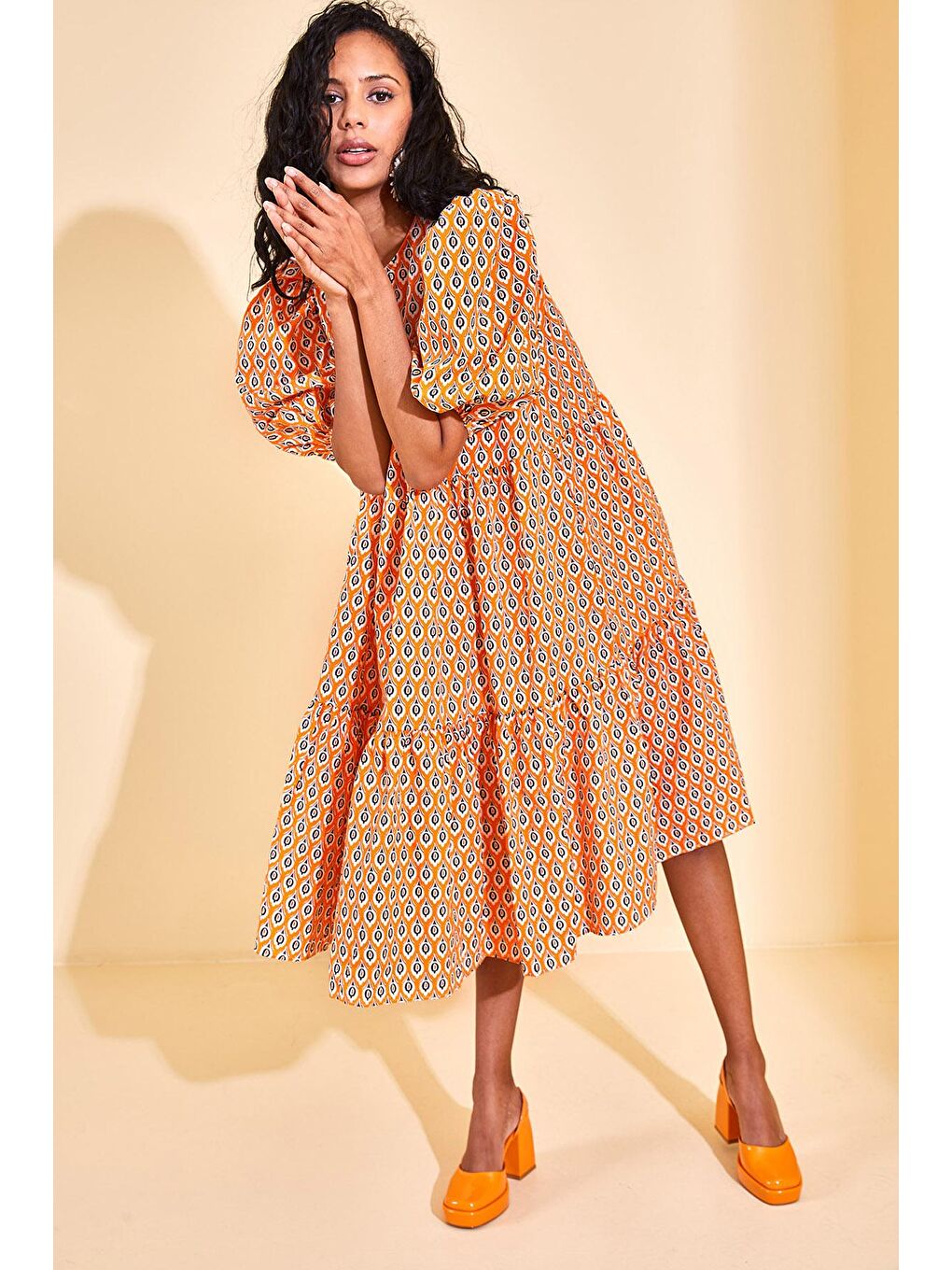 Turuncu Desenli Karpuz Kol Elbise 3KXK6-46682-11