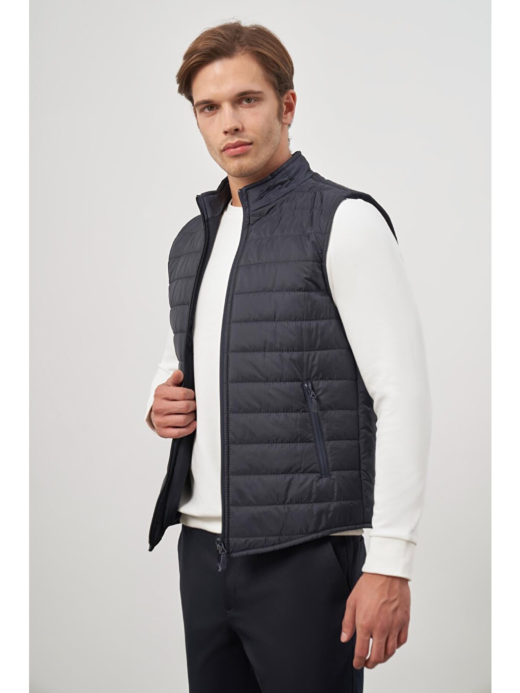 Koyu Lacivert Kapitone Dik Yaka Düz Garnisiz-biyesiz Slim Fit Yelek 1009245150-2