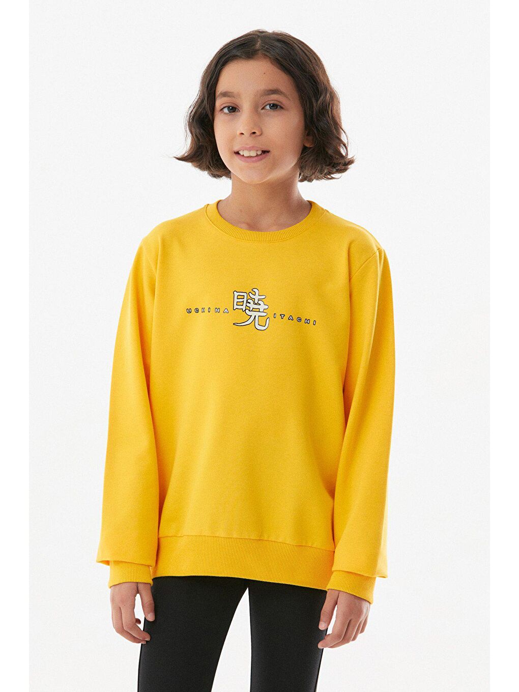 Sarı Baskılı Bisiklet Yaka Kız Çocuk Sweatshirt