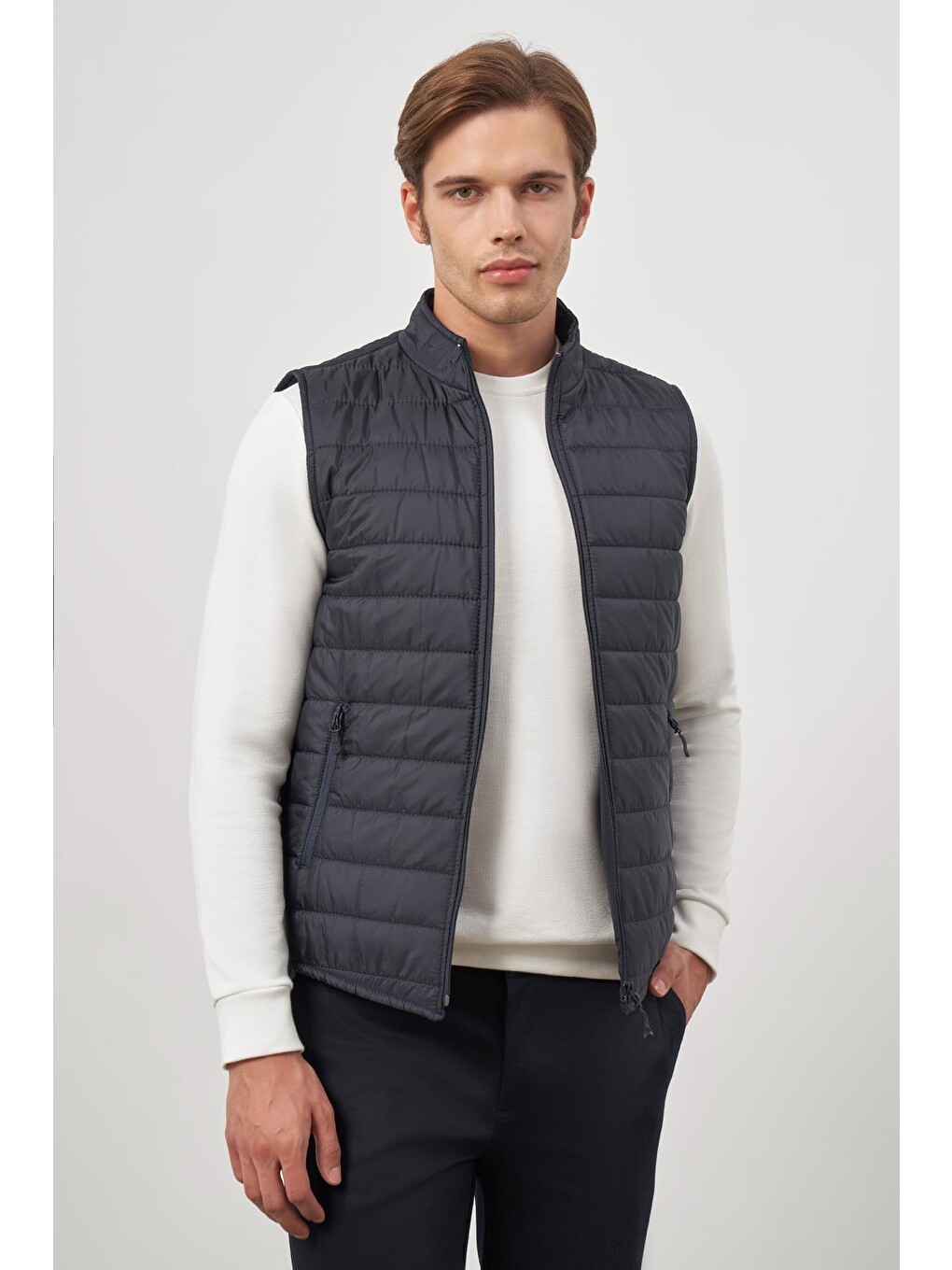 Koyu Lacivert Kapitone Dik Yaka Düz Garnisiz-biyesiz Slim Fit Yelek 1009245150-3