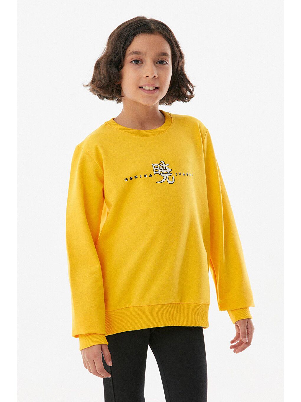 Sarı Baskılı Bisiklet Yaka Kız Çocuk Sweatshirt-1