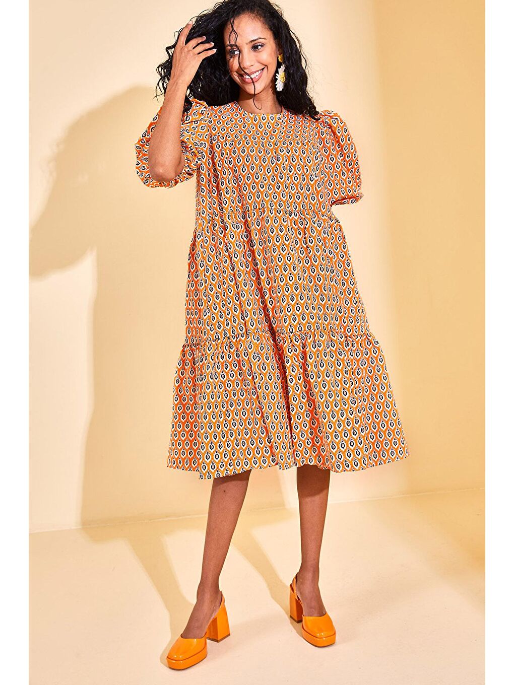 Turuncu Desenli Karpuz Kol Elbise 3KXK6-46682-11-1