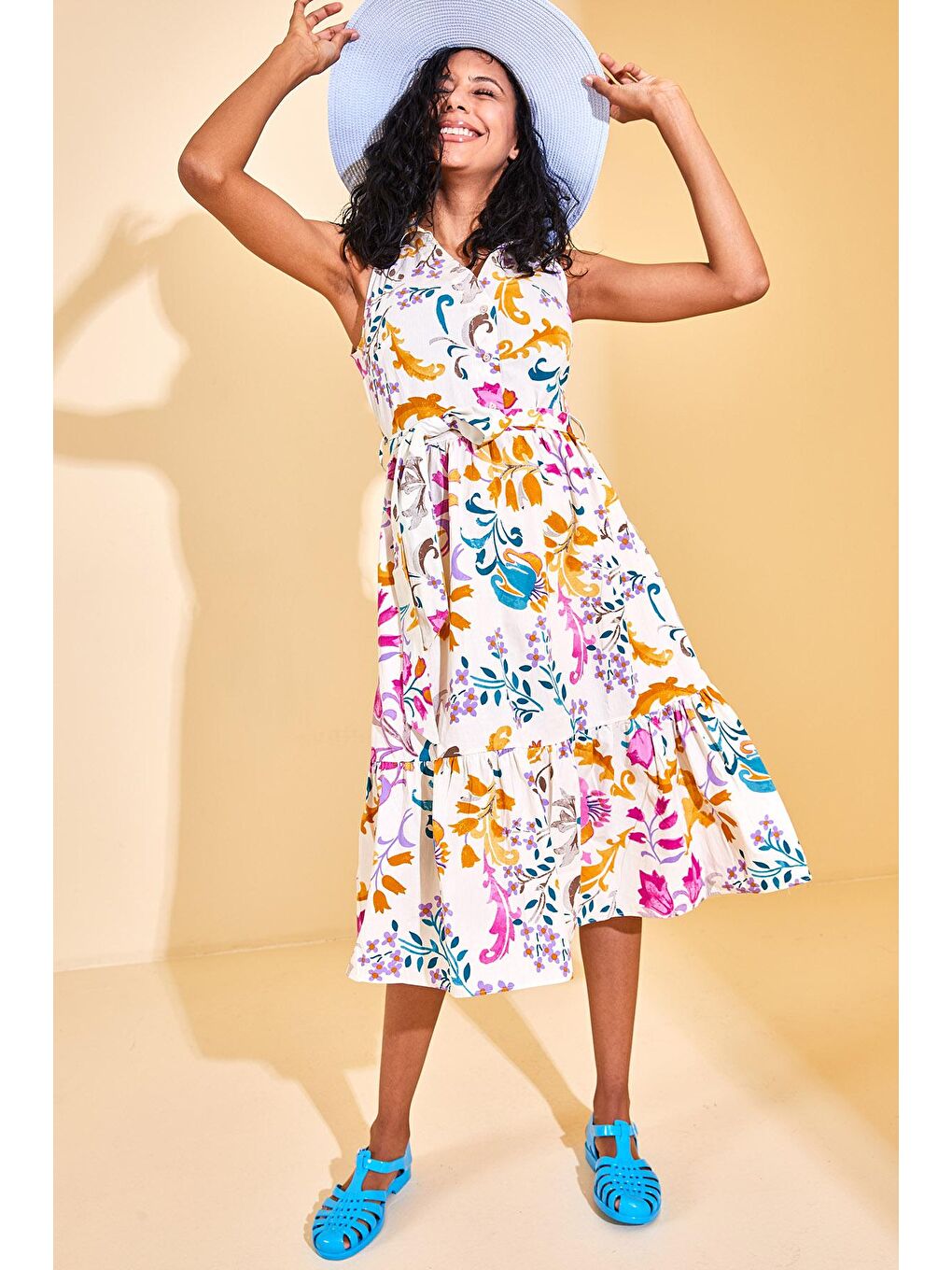 Turkuaz Polo Yaka Çiçek Desenli Elbise 3KXK6-46679-13