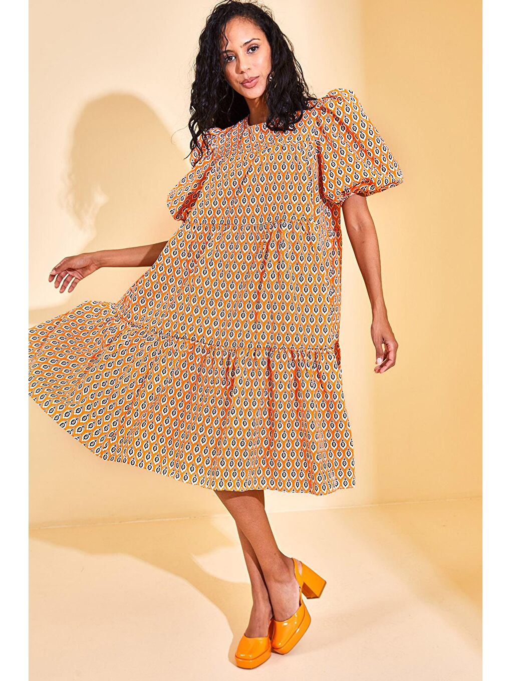 Turuncu Desenli Karpuz Kol Elbise 3KXK6-46682-11-2
