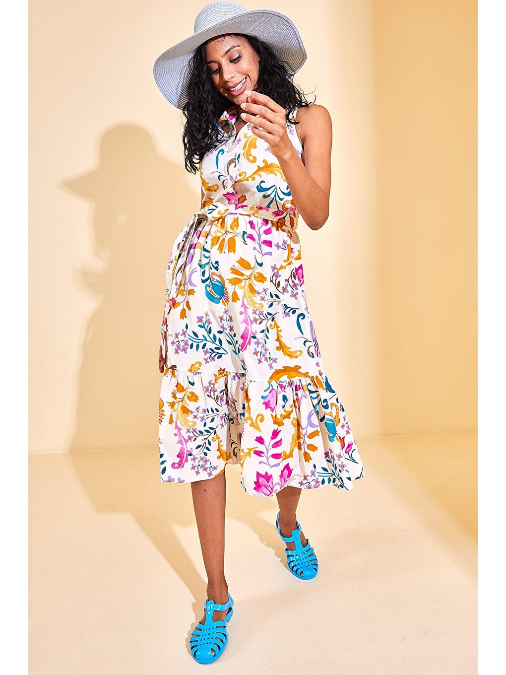 Turkuaz Polo Yaka Çiçek Desenli Elbise 3KXK6-46679-13-1