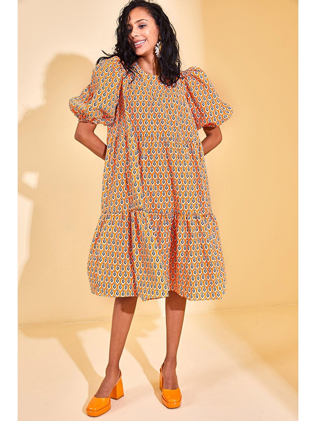 Turuncu Desenli Karpuz Kol Elbise 3KXK6-46682-11-3