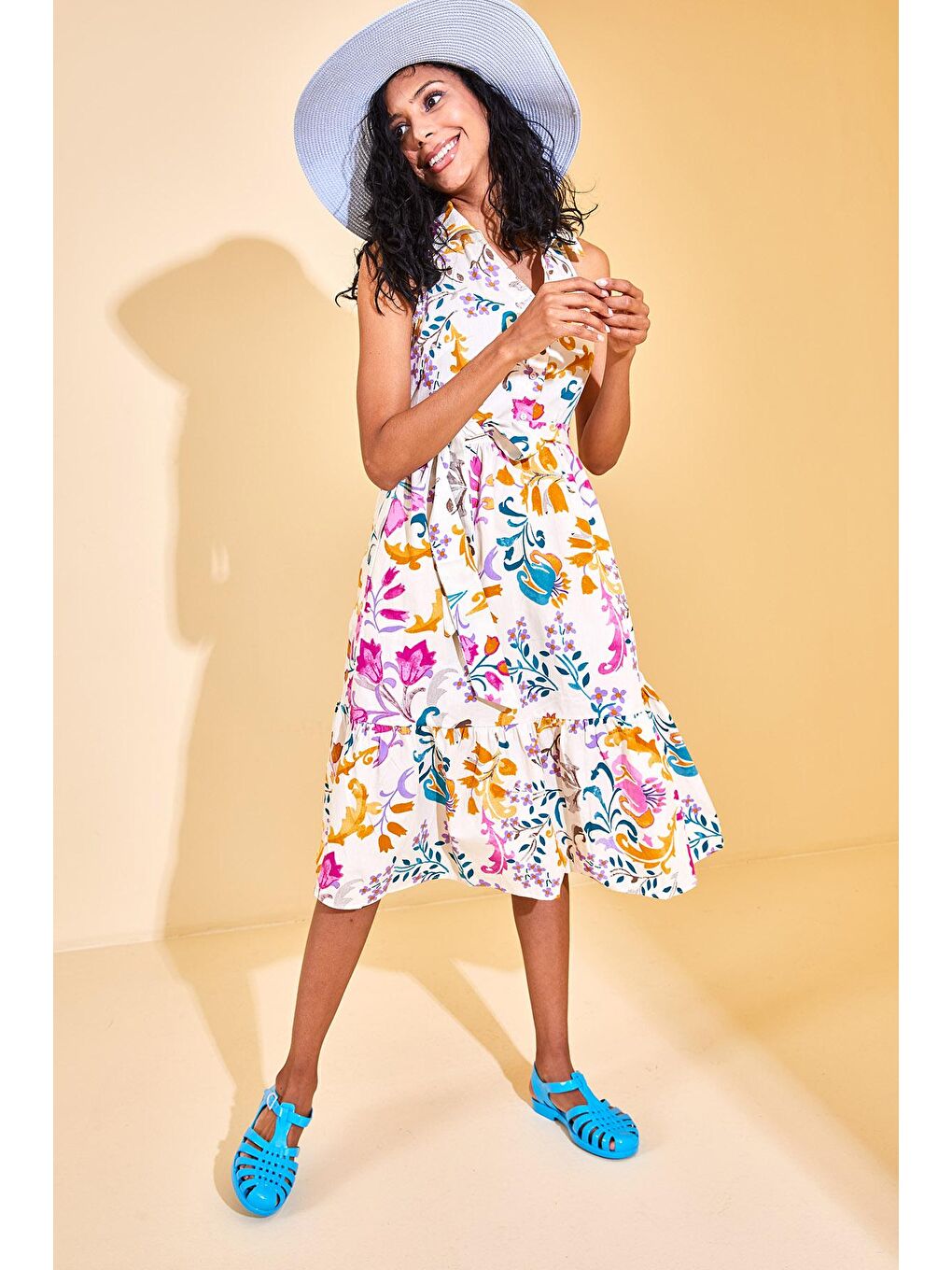 Turkuaz Polo Yaka Çiçek Desenli Elbise 3KXK6-46679-13-2