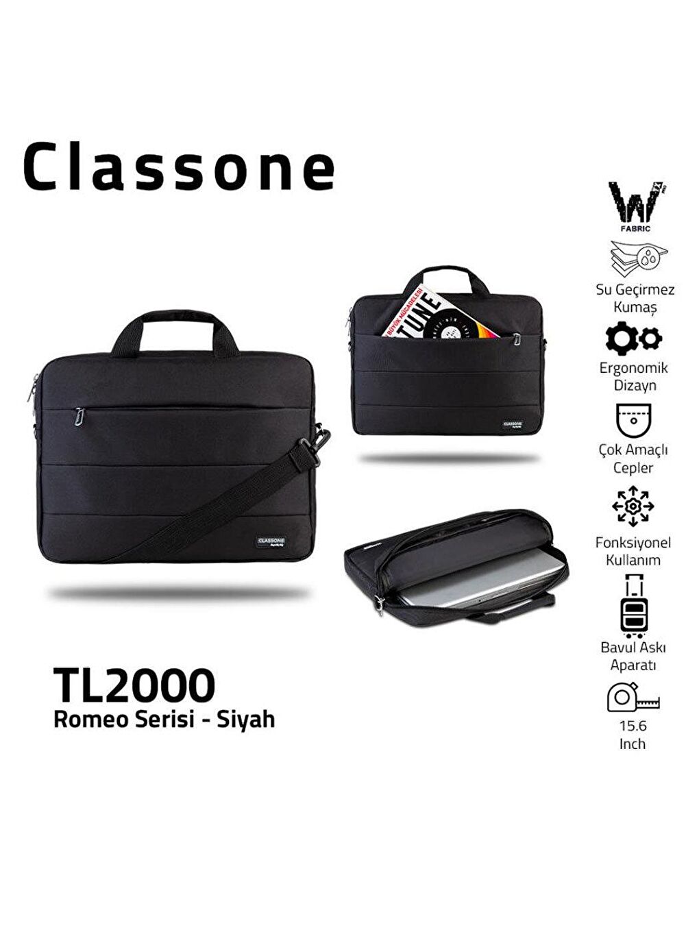 Classone Siyah TL2000 15.6 Su Geçirmez Notebook El Çantası