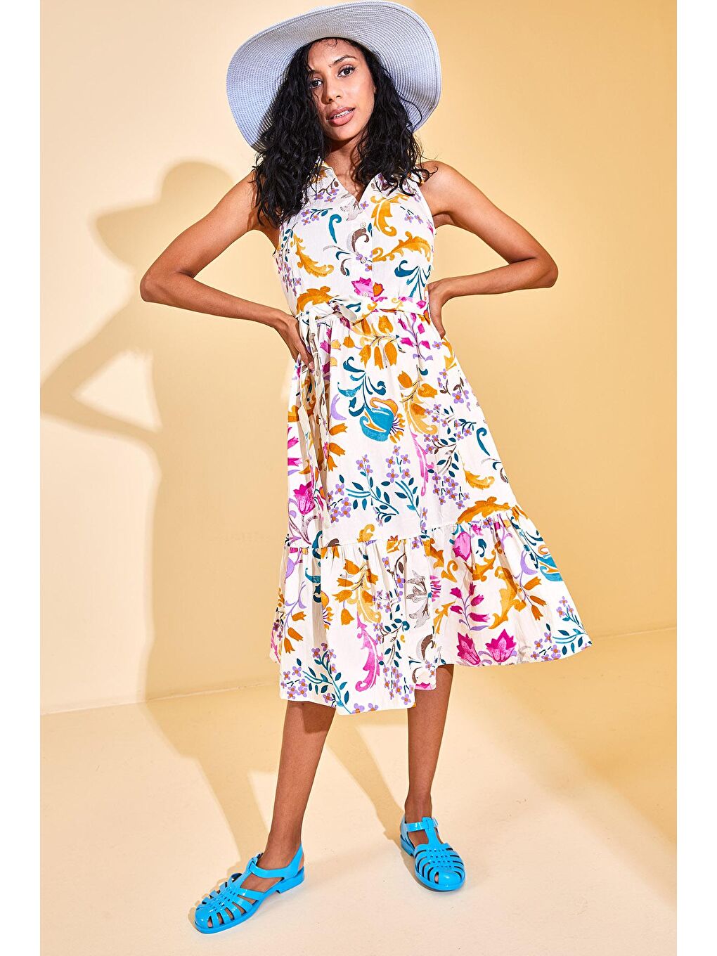 Turkuaz Polo Yaka Çiçek Desenli Elbise 3KXK6-46679-13-4