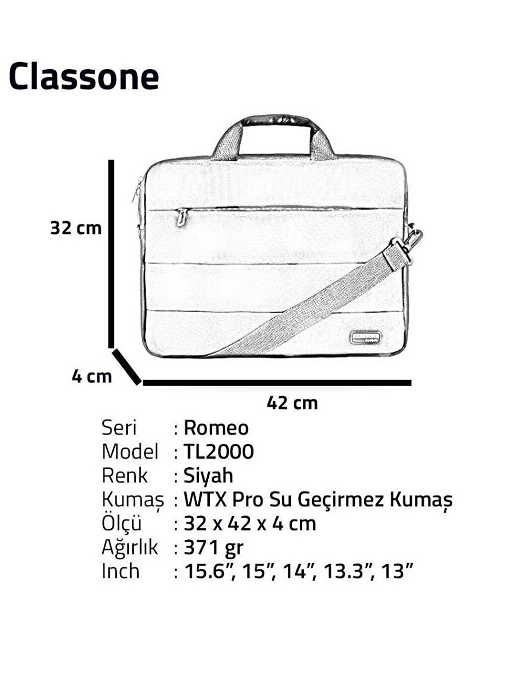 Classone Siyah TL2000 15.6 Su Geçirmez Notebook El Çantası - 4