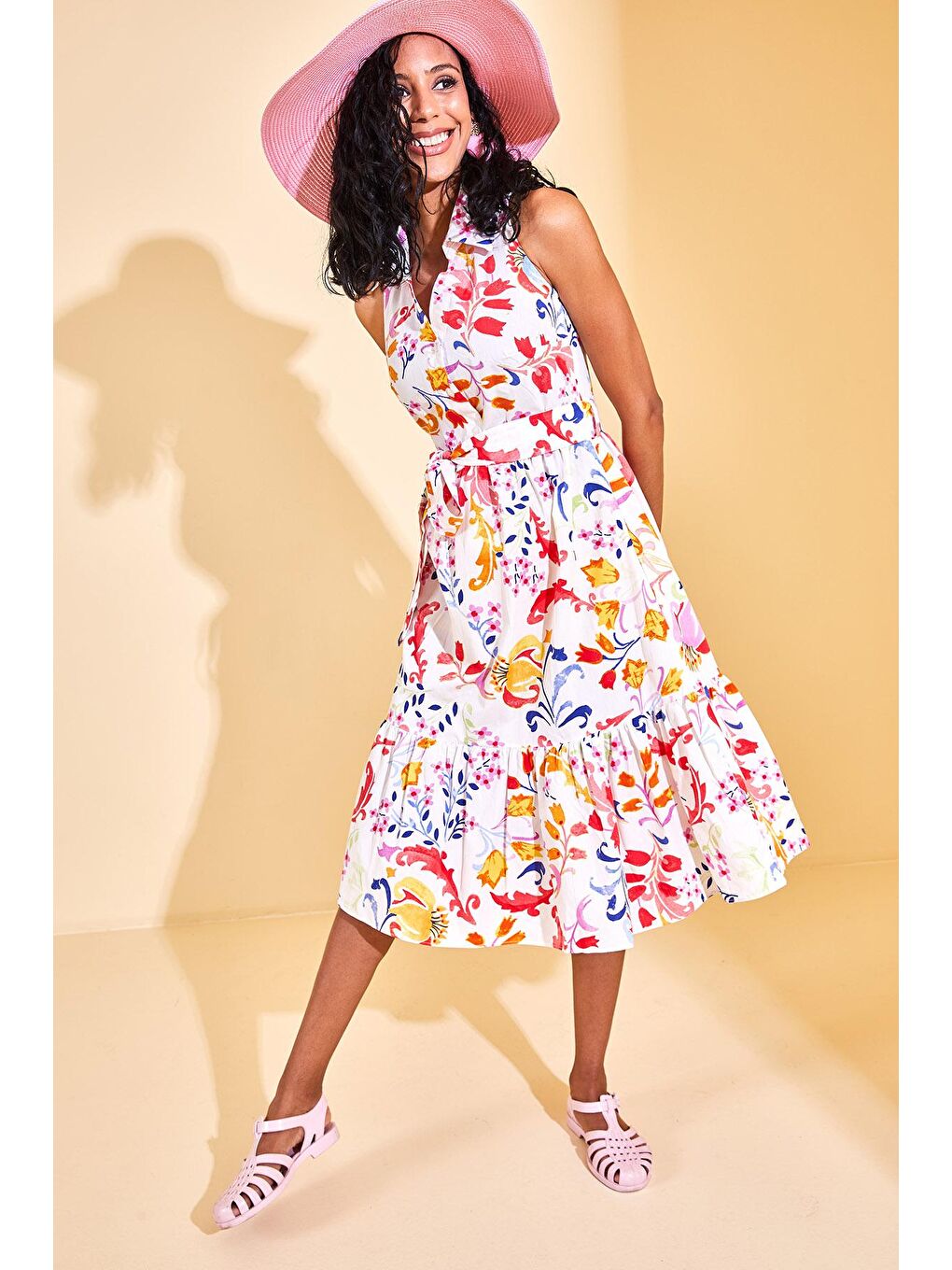 Beyaz Polo Yaka Çiçek Desenli Elbise 3KXK6-46679-01