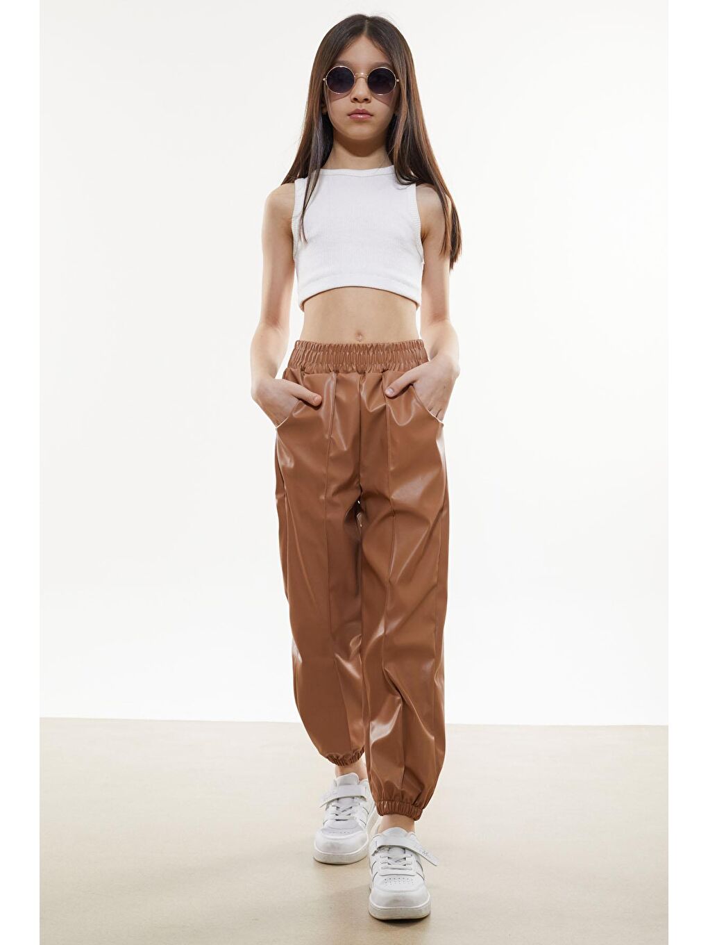 Timi Kids Kahverengi Kahve Beli Lastikli Jogger Model Kız Suni Deri Pantolon 18051 - 2