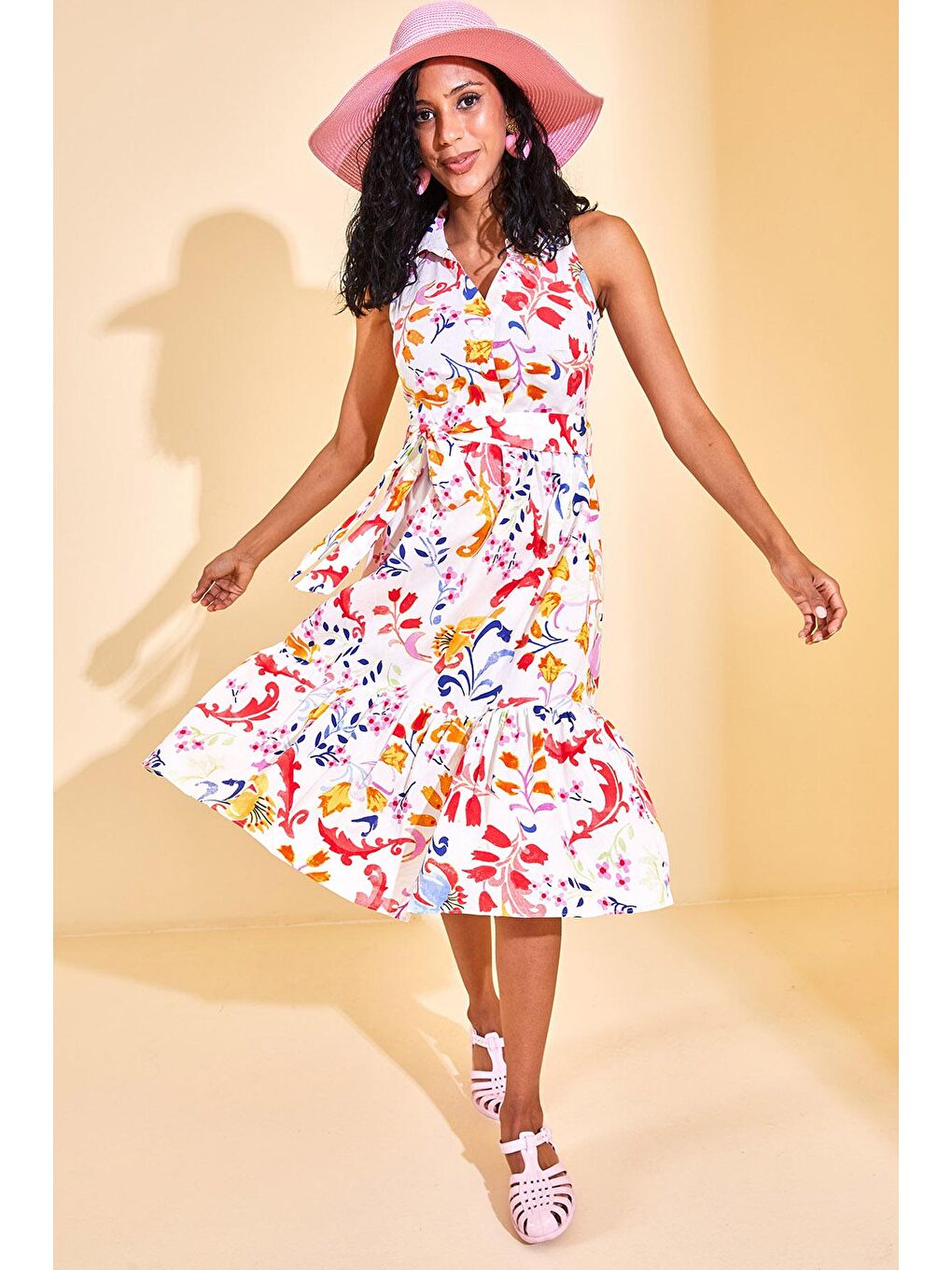 Beyaz Polo Yaka Çiçek Desenli Elbise 3KXK6-46679-01-2