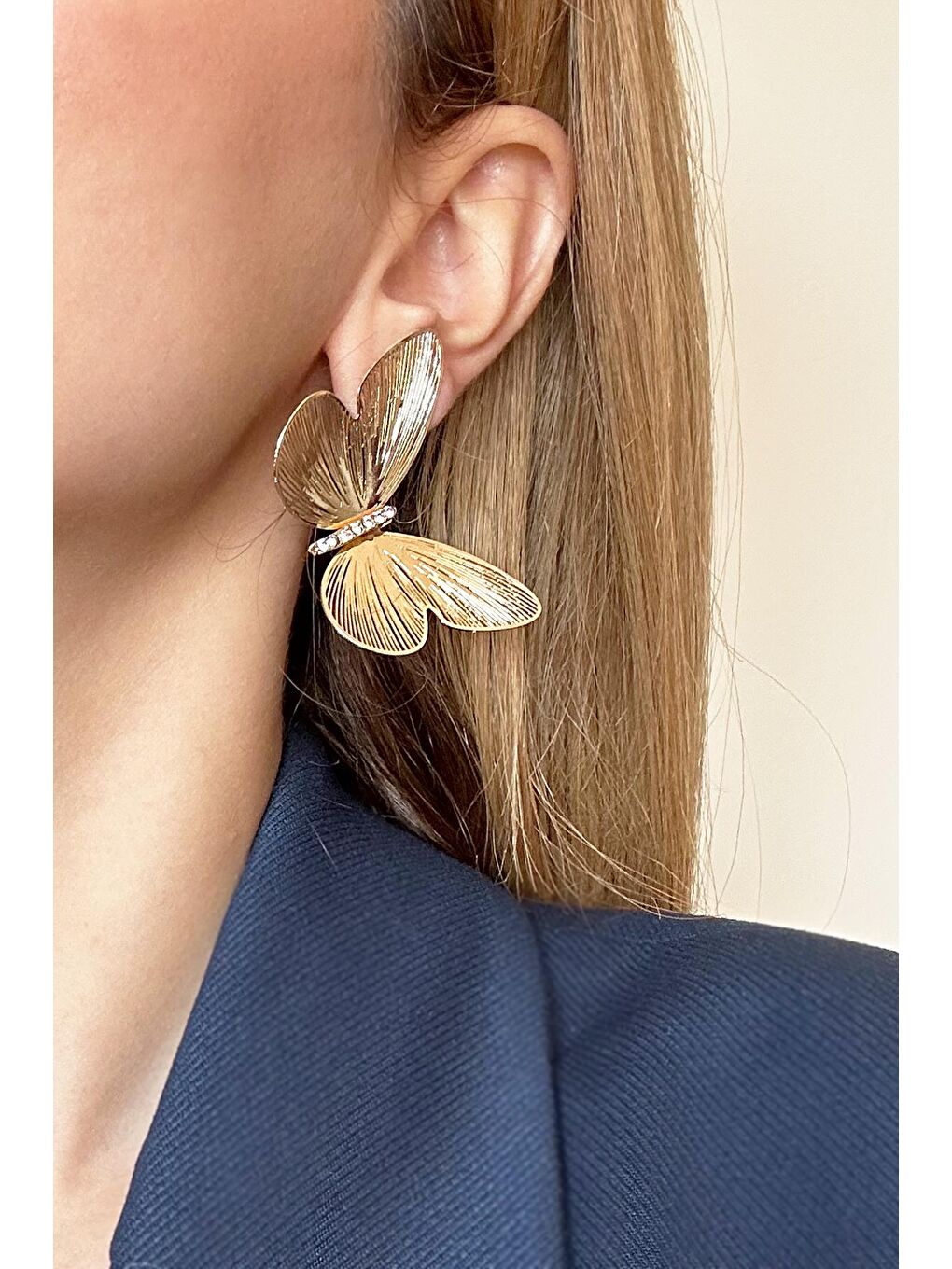 Sarı Metamorfoz Gold Kelebek Asimetrik Küpe-7