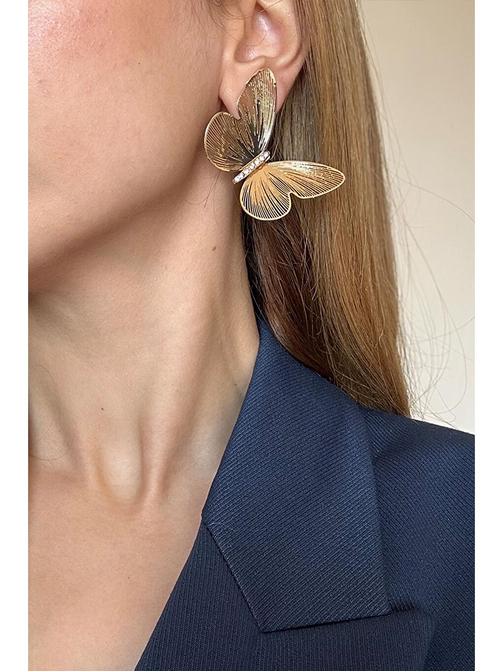 Sarı Metamorfoz Gold Kelebek Asimetrik Küpe-9