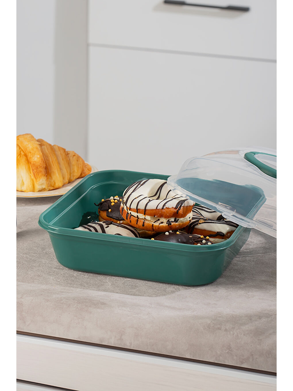 1094 Pasta Kek Börek Kabı - Taşıma çantası - Kilitli Fanus - Yeşil-1