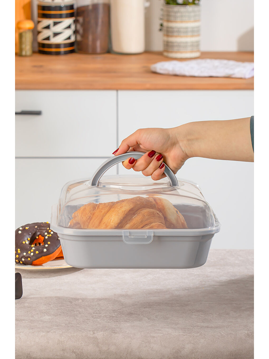 Gri 1094 Pasta Kek Börek Kabı - Taşıma çantası - Kilitli Fanus-1