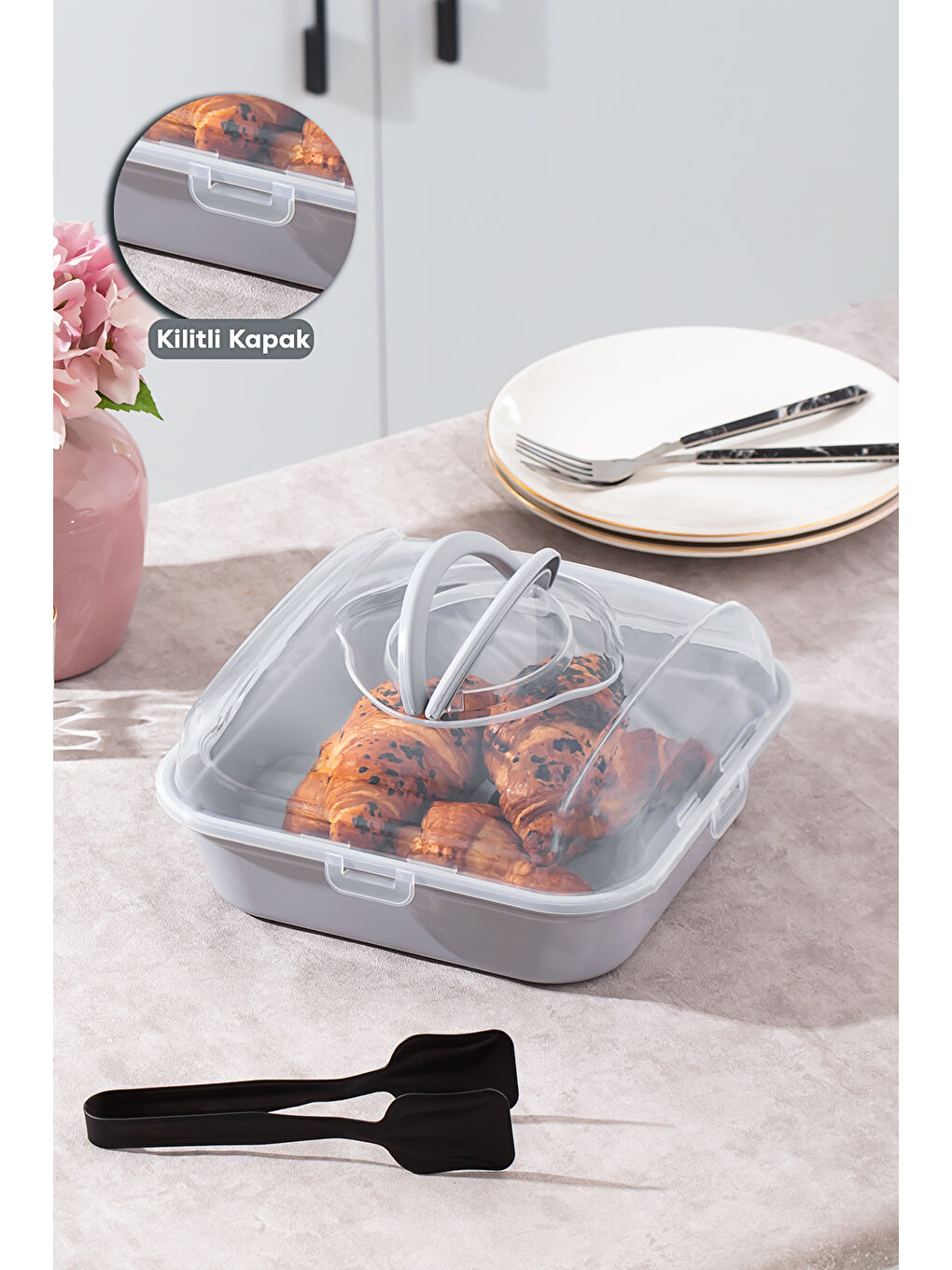 Gri 1094 Pasta Kek Börek Kabı - Taşıma çantası - Kilitli Fanus-2