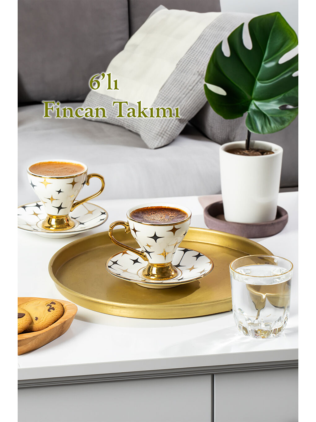 Beyaz Ayışığı Altın Yaldızlı 6 Kişilik Fincan Seti 12 Parça Türk Kahvesi Takımı Kahve Fincanı