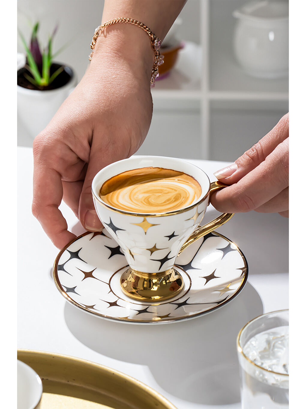 Beyaz Ayışığı Altın Yaldızlı 6 Kişilik Fincan Seti 12 Parça Türk Kahvesi Takımı Kahve Fincanı-1