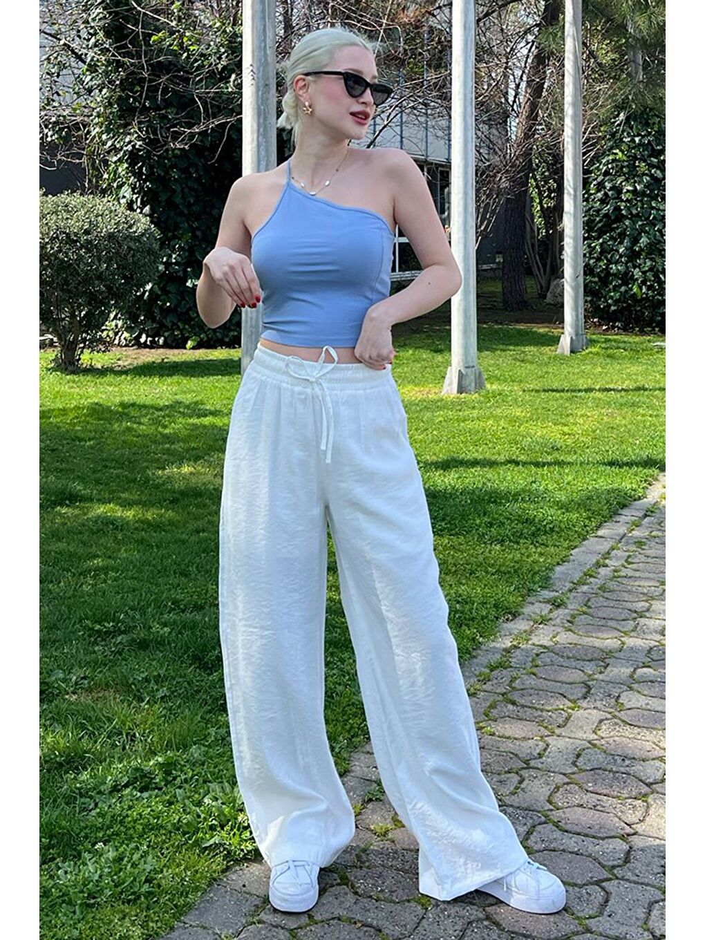 Beyaz Geniş Paça Kadın Pantolon Mg1982-4