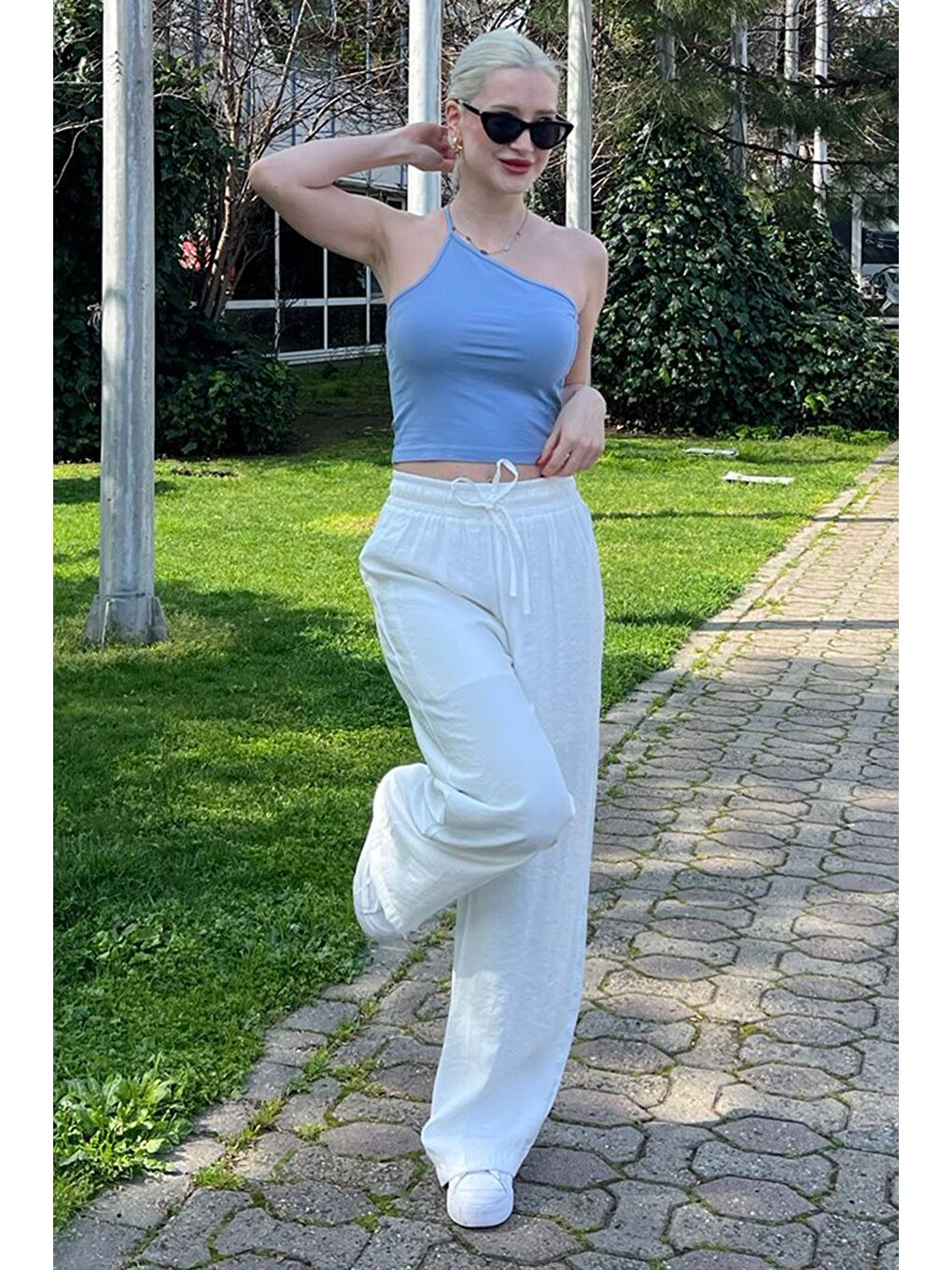 Beyaz Geniş Paça Kadın Pantolon Mg1982-5