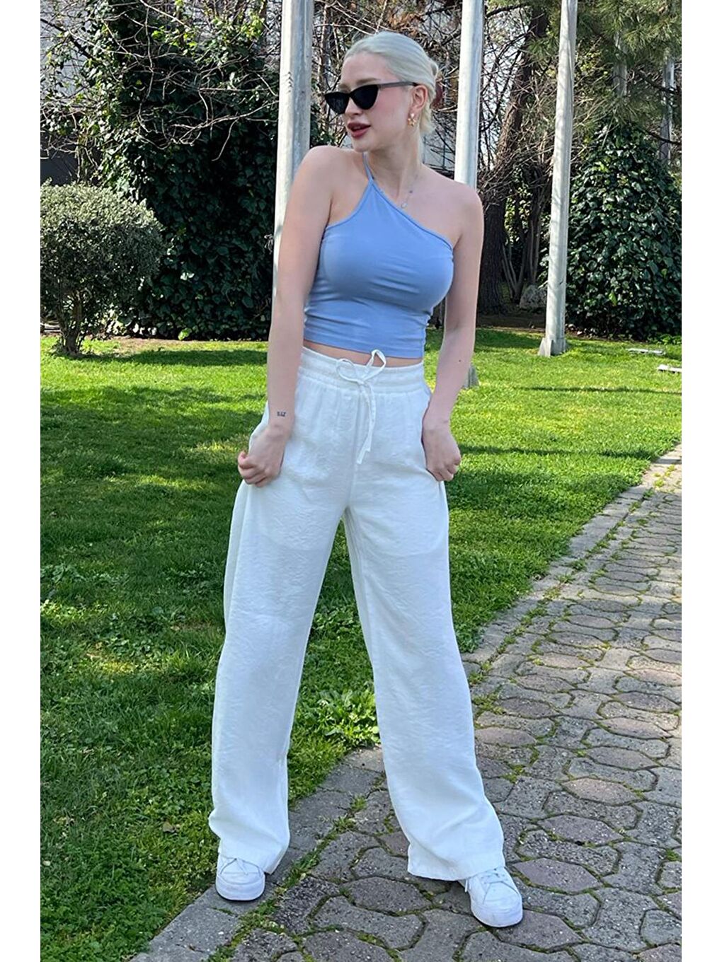 Beyaz Geniş Paça Kadın Pantolon Mg1982-6