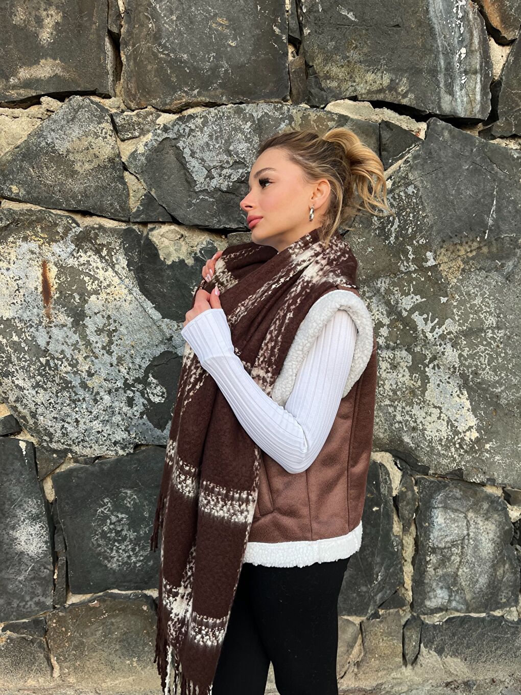 Luminos Butik Kadın Ekose Desenli Kahverengi Atkı Şal SAL1294 - 2