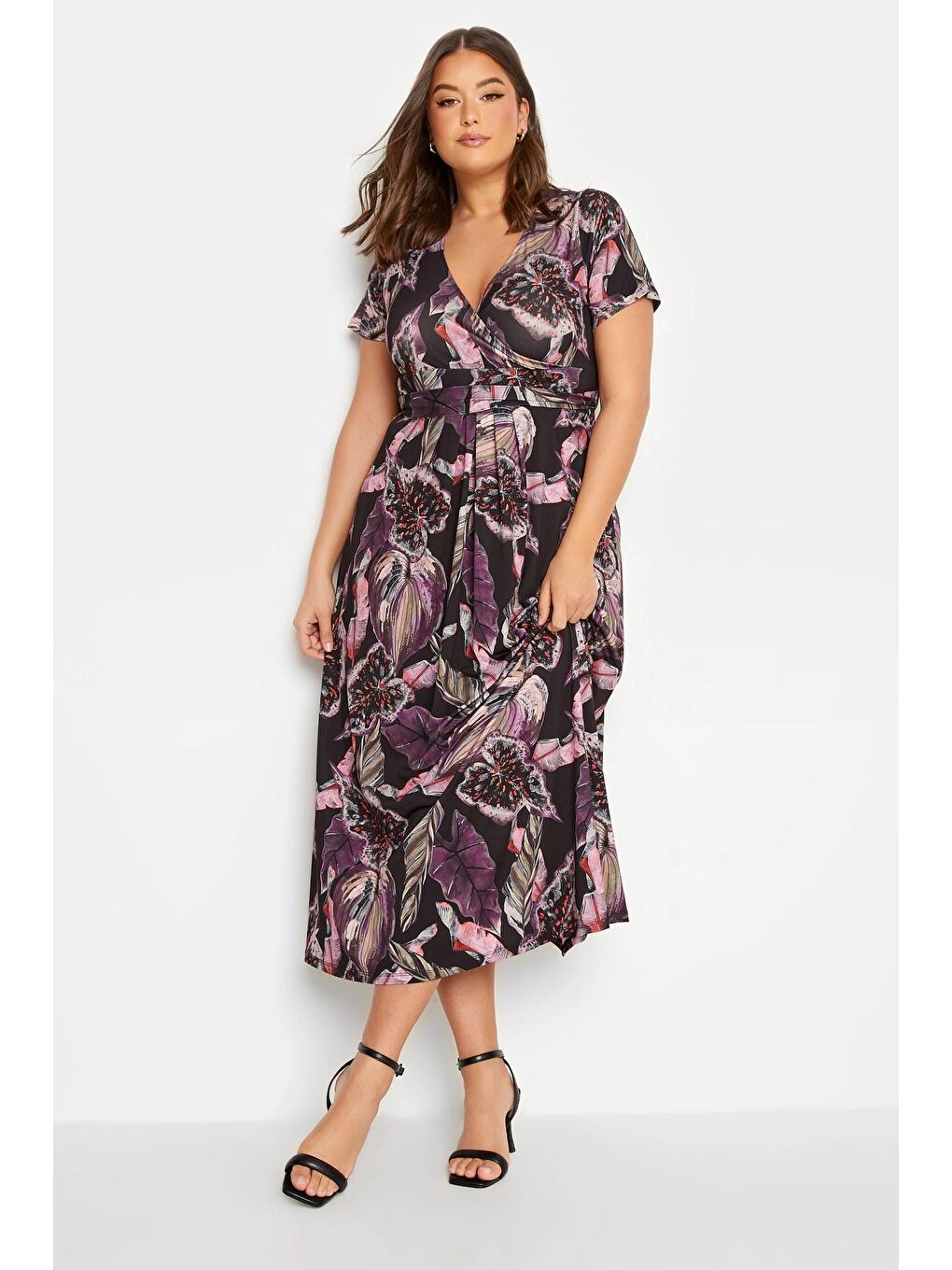 Siyah Büyük Beden V Yaka Desenli Kuşaklı Elastanlı Yarım Kol Anvelop Elbise 301989-3