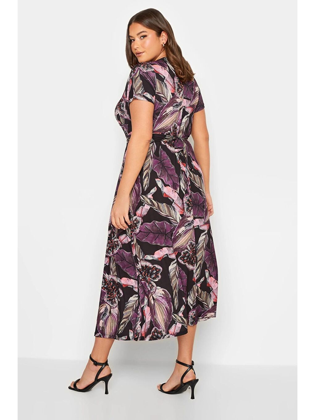 Siyah Büyük Beden V Yaka Desenli Kuşaklı Elastanlı Yarım Kol Anvelop Elbise 301989-4