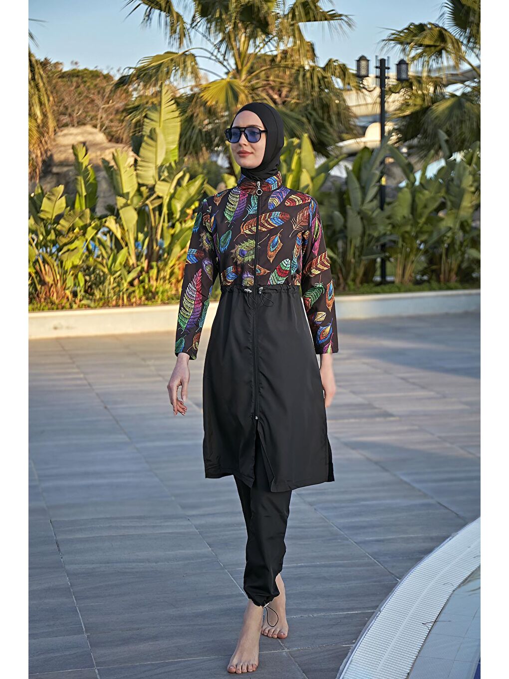 Siyah Paraşüt Tam Kapalı Tesettür Mayo Tüy Yaprak 2113 FUNDA-5