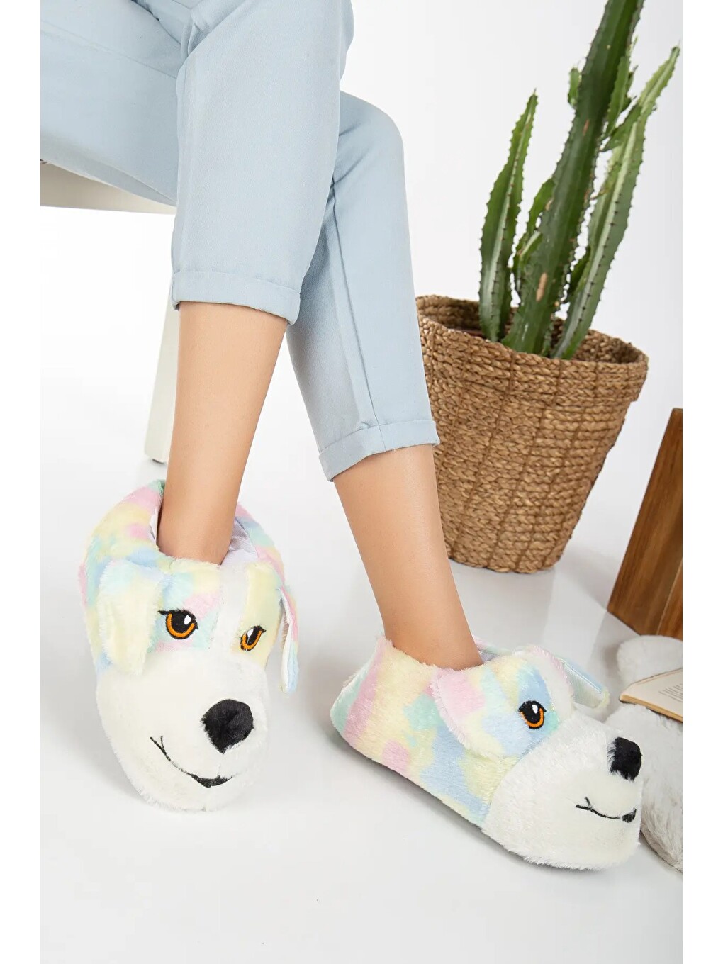Pembe Köpek Figürlü Pudra Pelüş Panduf Ev Pandufu-1