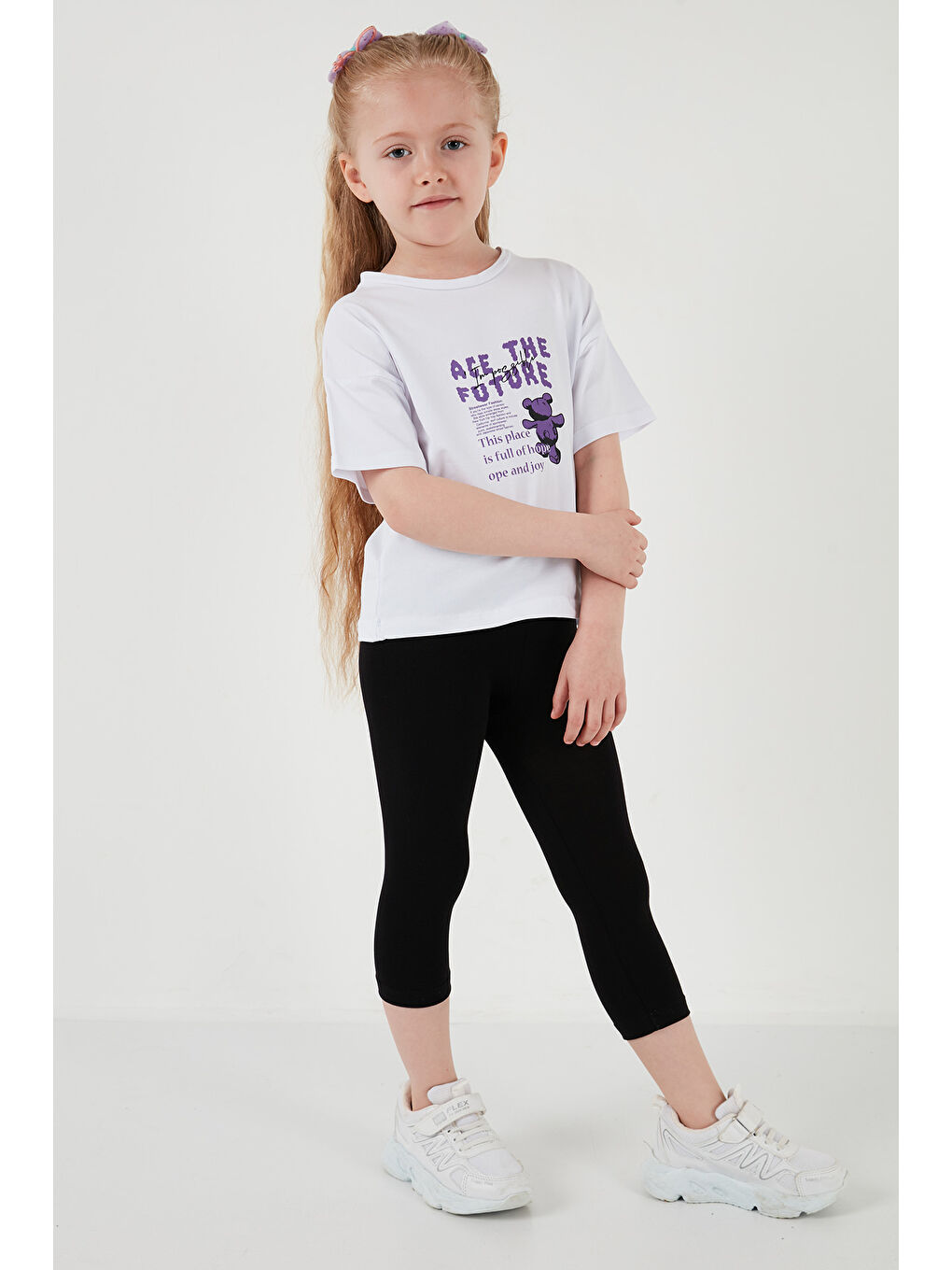 Beyaz Pamuklu Bisiklet Yaka Kısa Kollu Taytlı Alt-Üst Kız Çocuk Takım 6212003-5