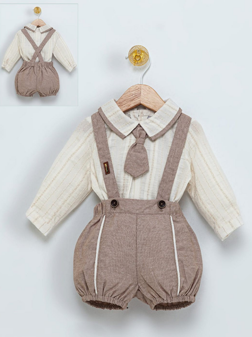 Bej Erkek Bebek Papyonlu Yazlık Salopet Şort Gömlek 2'li Takım