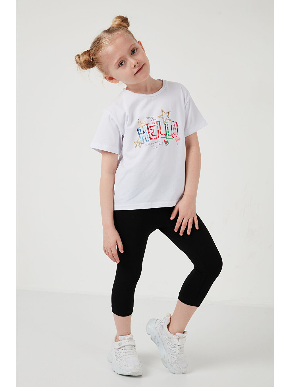 Beyaz Pamuklu Bisiklet Yaka Kısa Kollu Taytlı Alt-Üst Kız Çocuk Takım 6212001-5