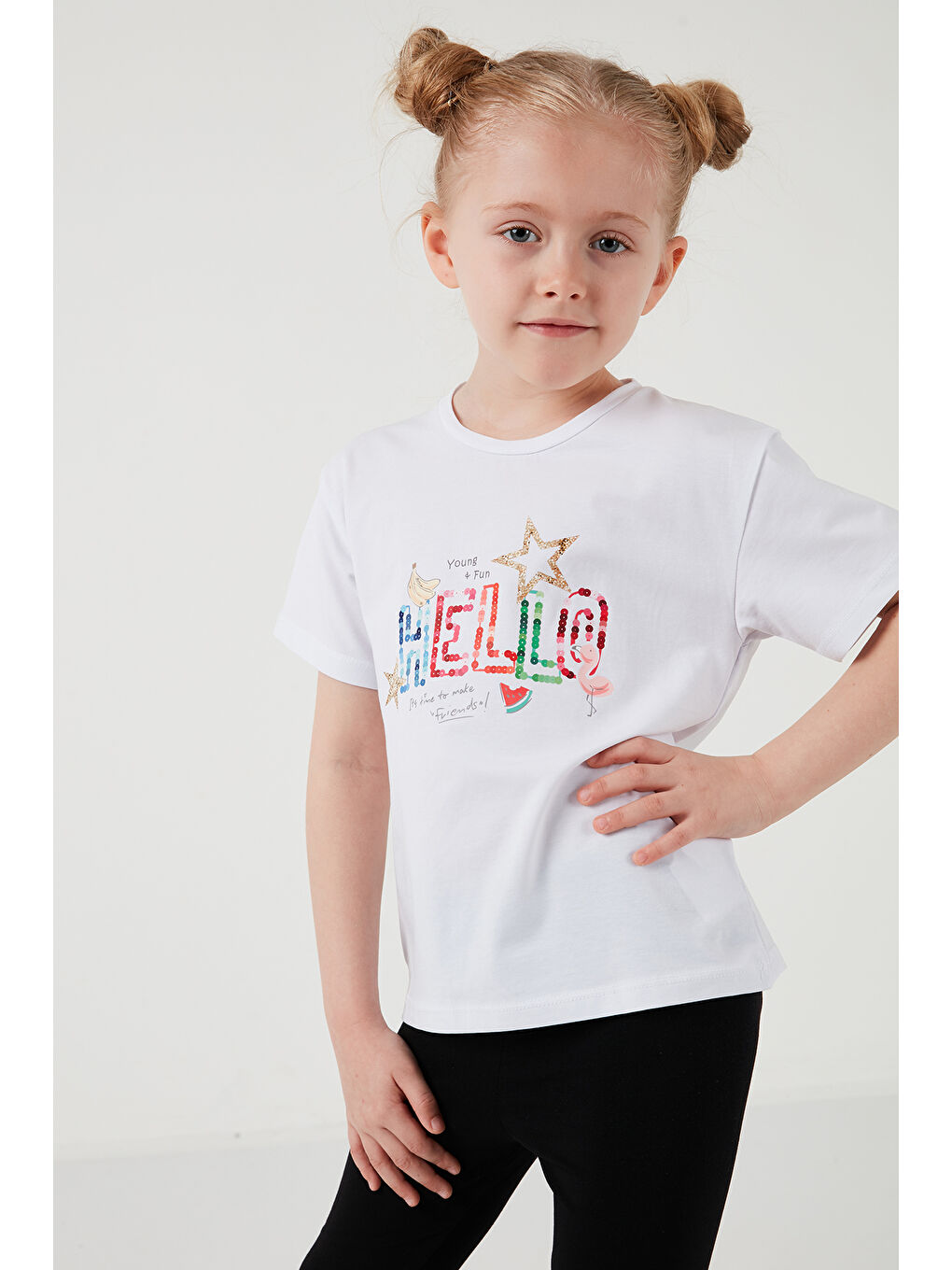 Beyaz Pamuklu Bisiklet Yaka Kısa Kollu Taytlı Alt-Üst Kız Çocuk Takım 6212001-6