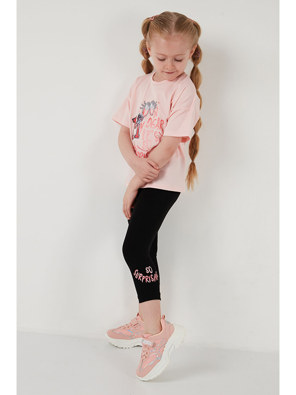 Pembe Pamuklu Bisiklet Yaka Kısa Kollu Taytlı Alt-Üst Kız Çocuk Takım 6212002-5