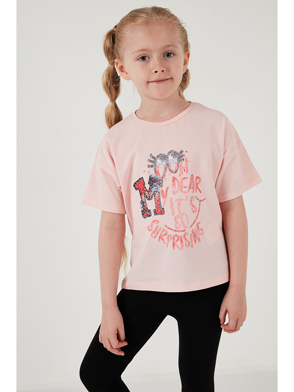 Pembe Pamuklu Bisiklet Yaka Kısa Kollu Taytlı Alt-Üst Kız Çocuk Takım 6212002-6