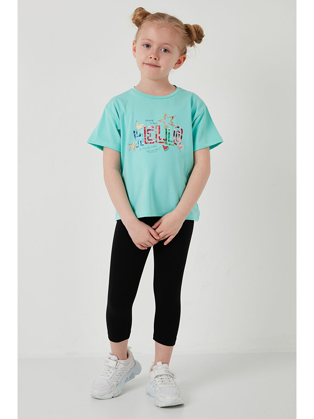 Yeşil Pamuklu Bisiklet Yaka Kısa Kollu Taytlı Alt-Üst Kız Çocuk Takım 6212001-5