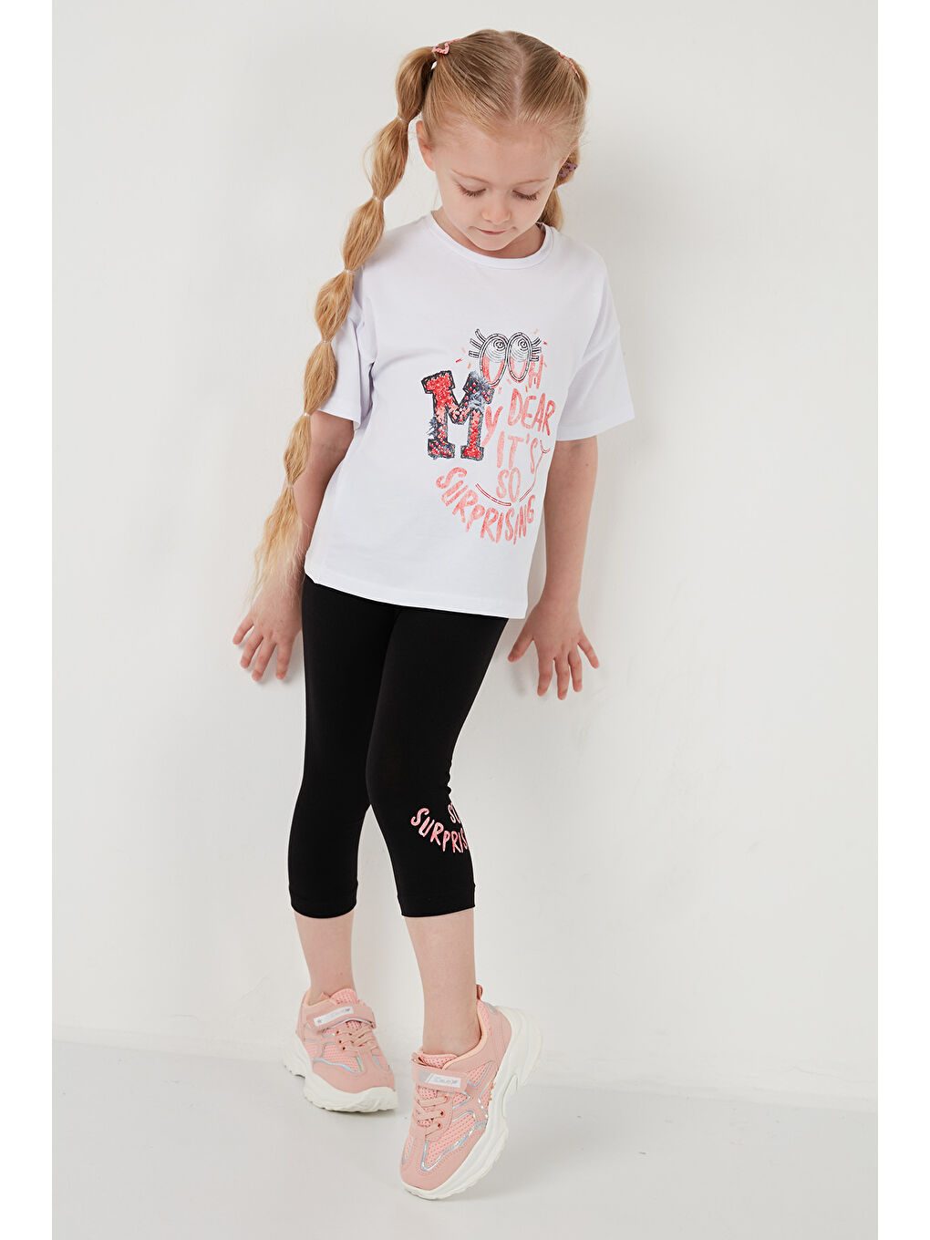 Beyaz Pamuklu Bisiklet Yaka Kısa Kollu Taytlı Alt-Üst Kız Çocuk Takım 6212002-5