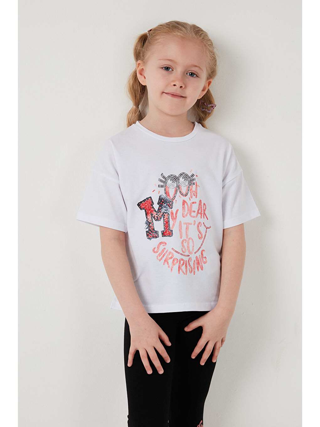 Beyaz Pamuklu Bisiklet Yaka Kısa Kollu Taytlı Alt-Üst Kız Çocuk Takım 6212002-6