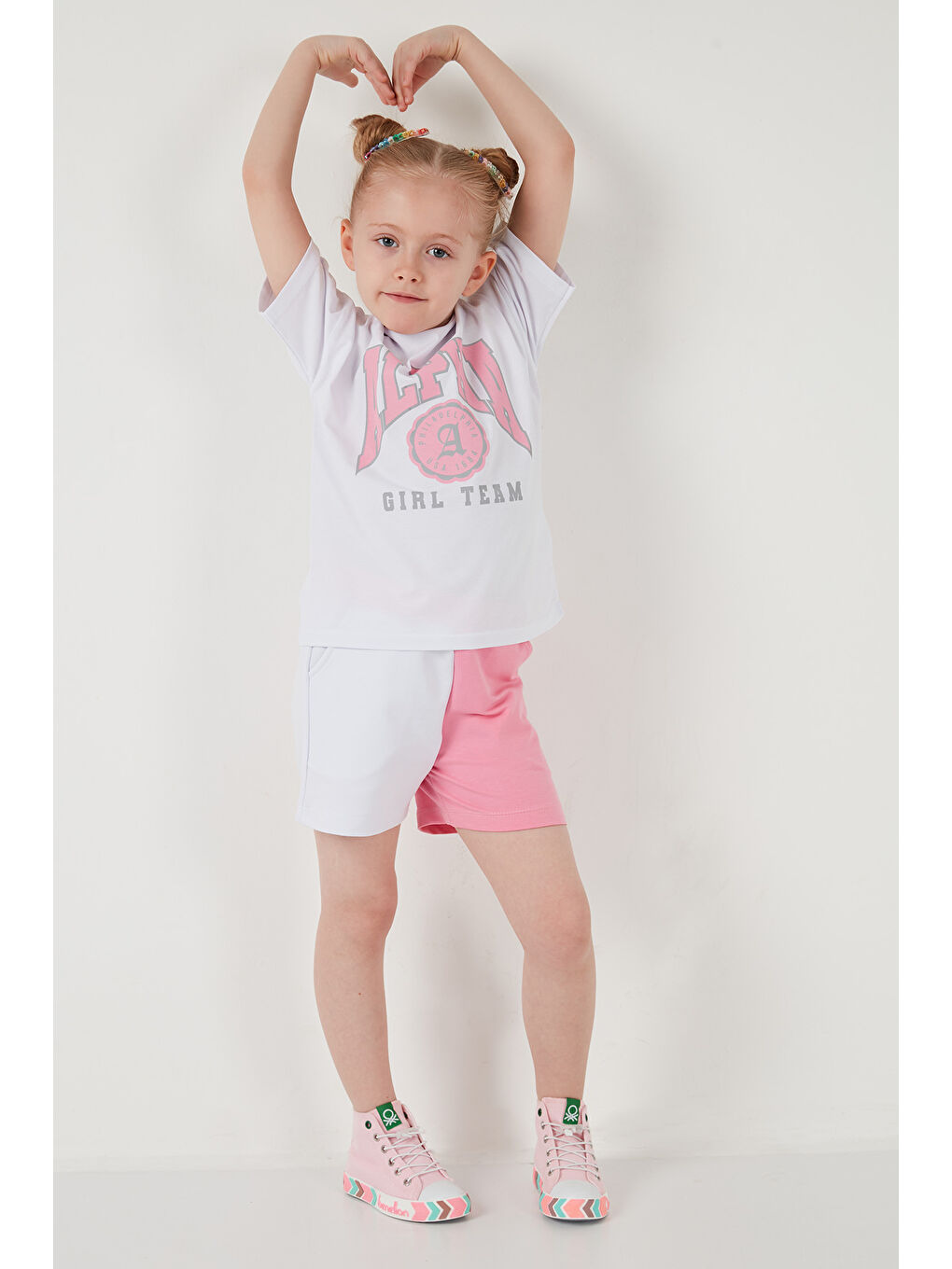 Beyaz Pamuklu Baskılı Bisiklet Yaka Şortlu Alt-Üst Kız Çocuk Takım 6212006-5