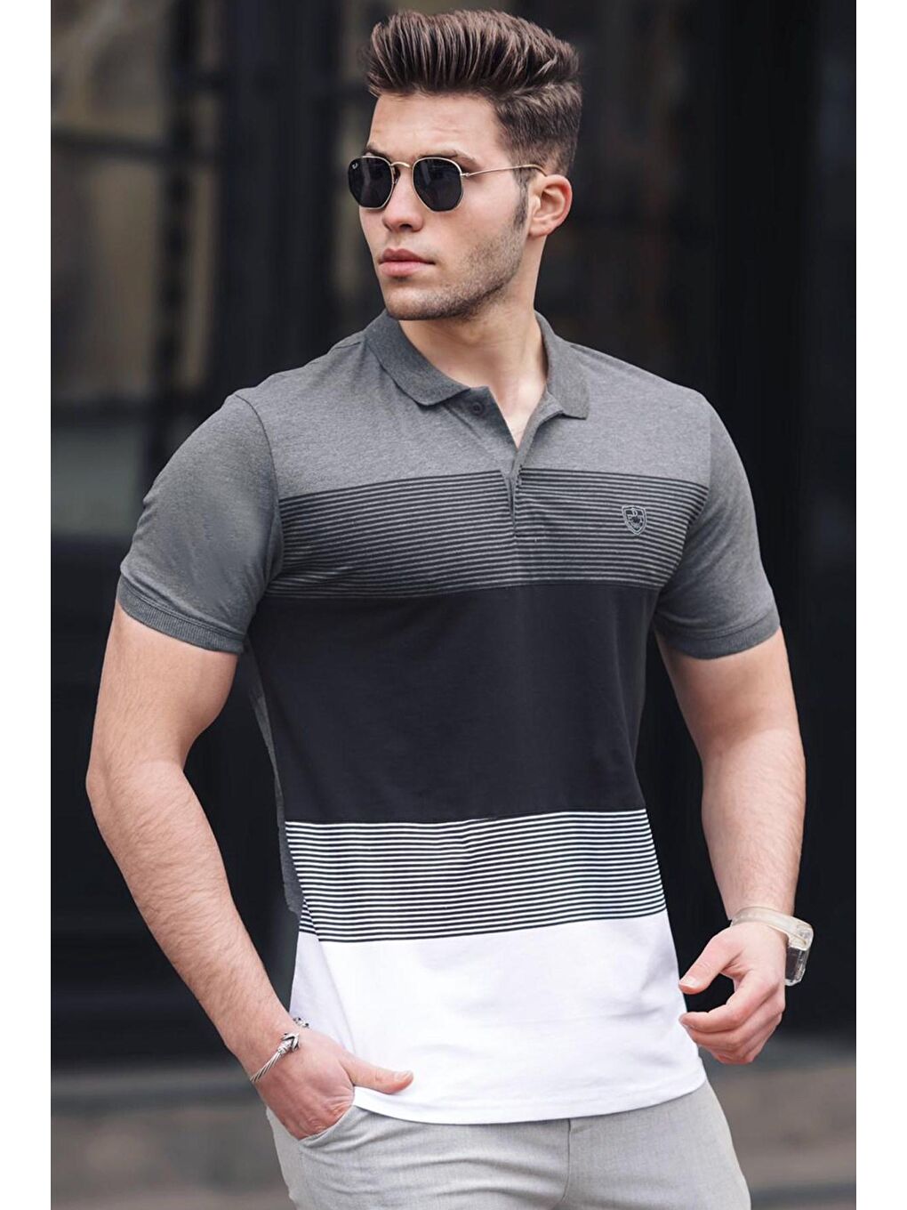 Renk Bloklu Antrasit Polo Yaka Erkek Tişört 9280