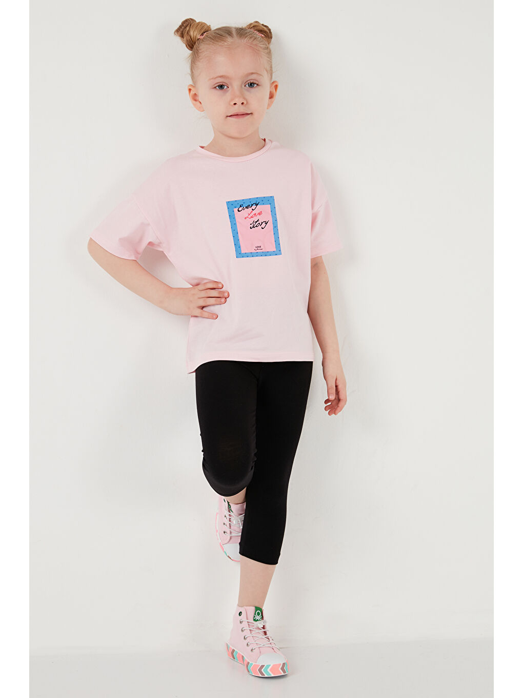 Pembe Pamuklu Bisiklet Yaka Kısa Kollu Taytlı Alt-Üst Kız Çocuk Takım 6212005-5