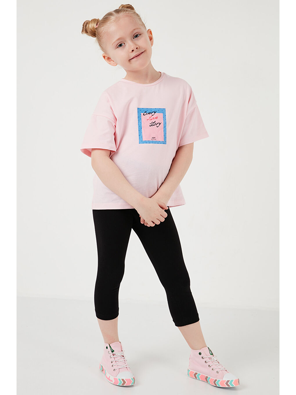 Pembe Pamuklu Bisiklet Yaka Kısa Kollu Taytlı Alt-Üst Kız Çocuk Takım 6212005-6