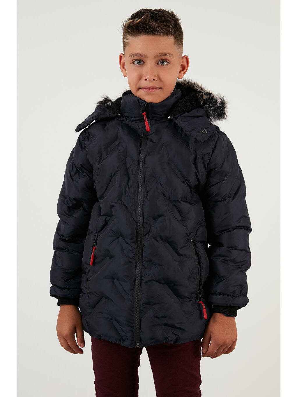 Lacivert İçi Pelüş Astarlı Çıkarılabilir Kapüşonlu Erkek Çocuk Mont 5760013-7