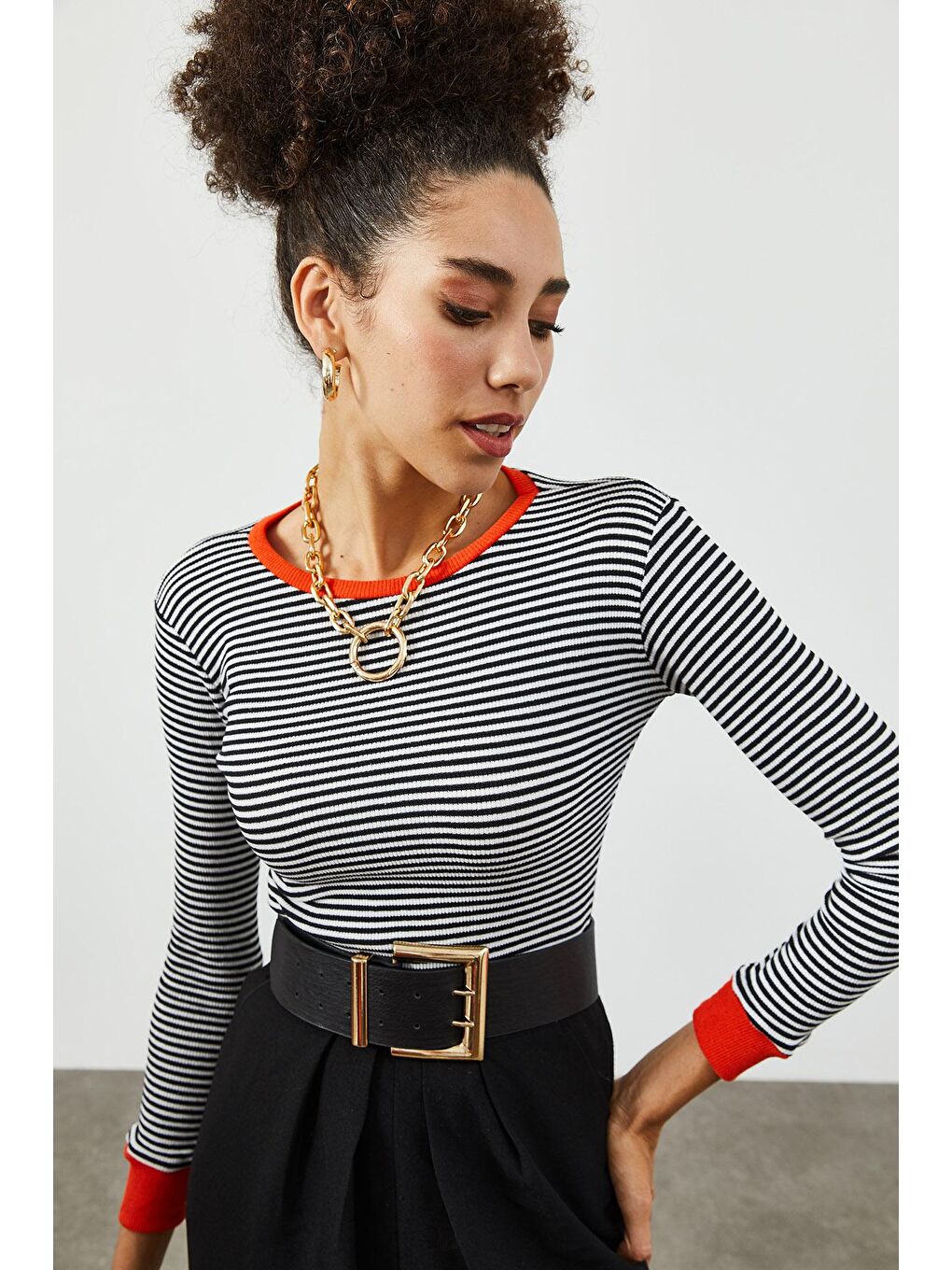 Turuncu Bisiklet Yaka Çizgili Kaşkorse Bluz 2KXK2-45846-11