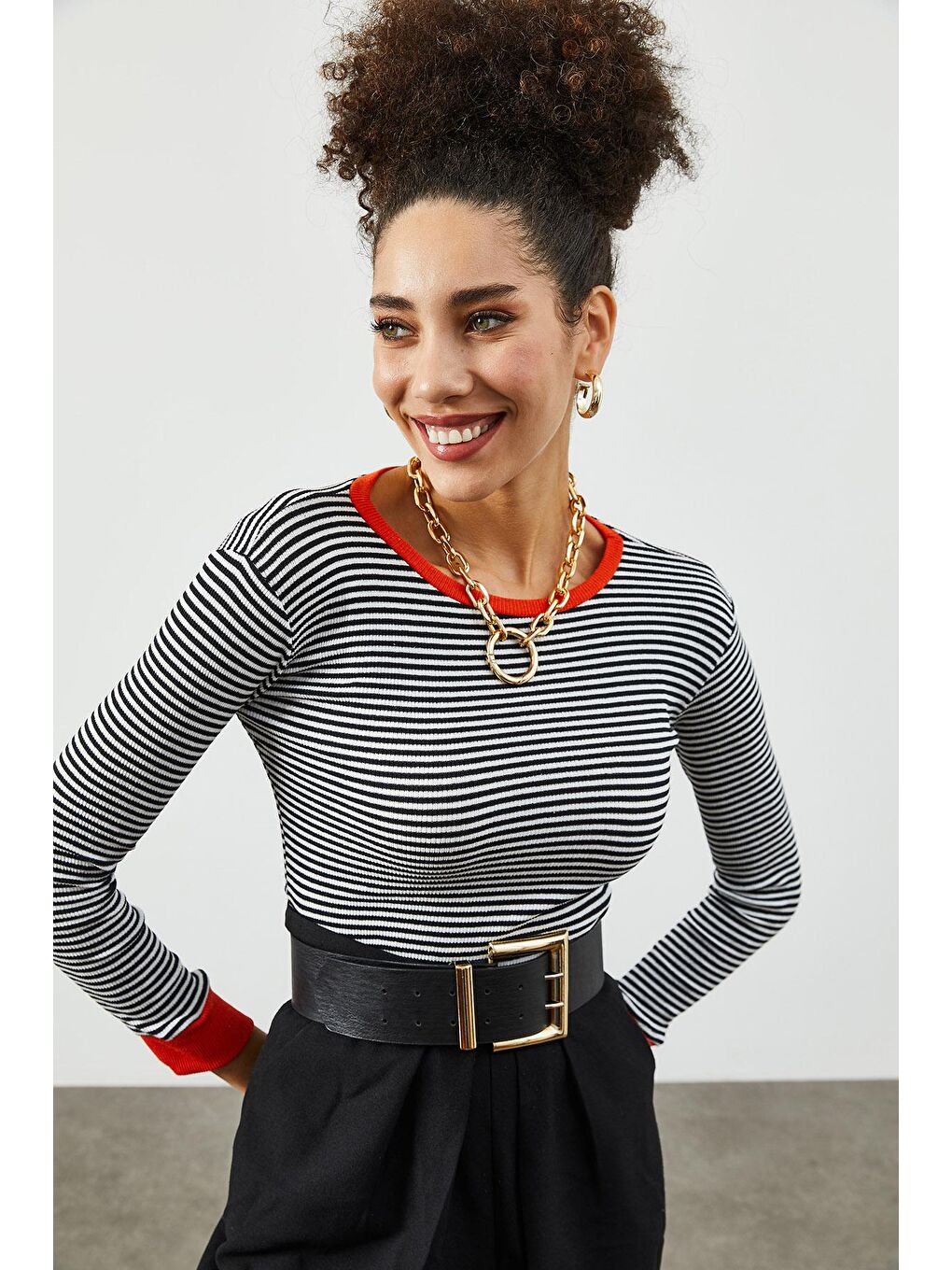 Turuncu Bisiklet Yaka Çizgili Kaşkorse Bluz 2KXK2-45846-11-1