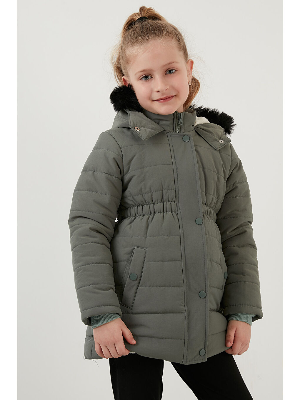 Yeşil Yakası Suni Kürklü Pelüş Astarlı Kapüşonlu Cepli Kız Çocuk Mont 6035030-6